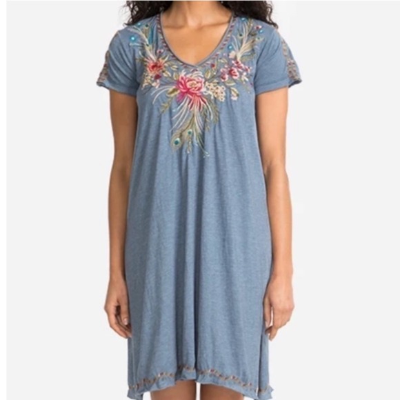 Johnny Was Los Angeles Embroidered Tunic Dress Blue Floral Boho Short Sleeve M - Picture 1 of 10